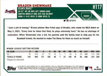 Braden Shewmake 2023 Topps Holiday RC Baseball Card for Atlanta Braves with stats and info