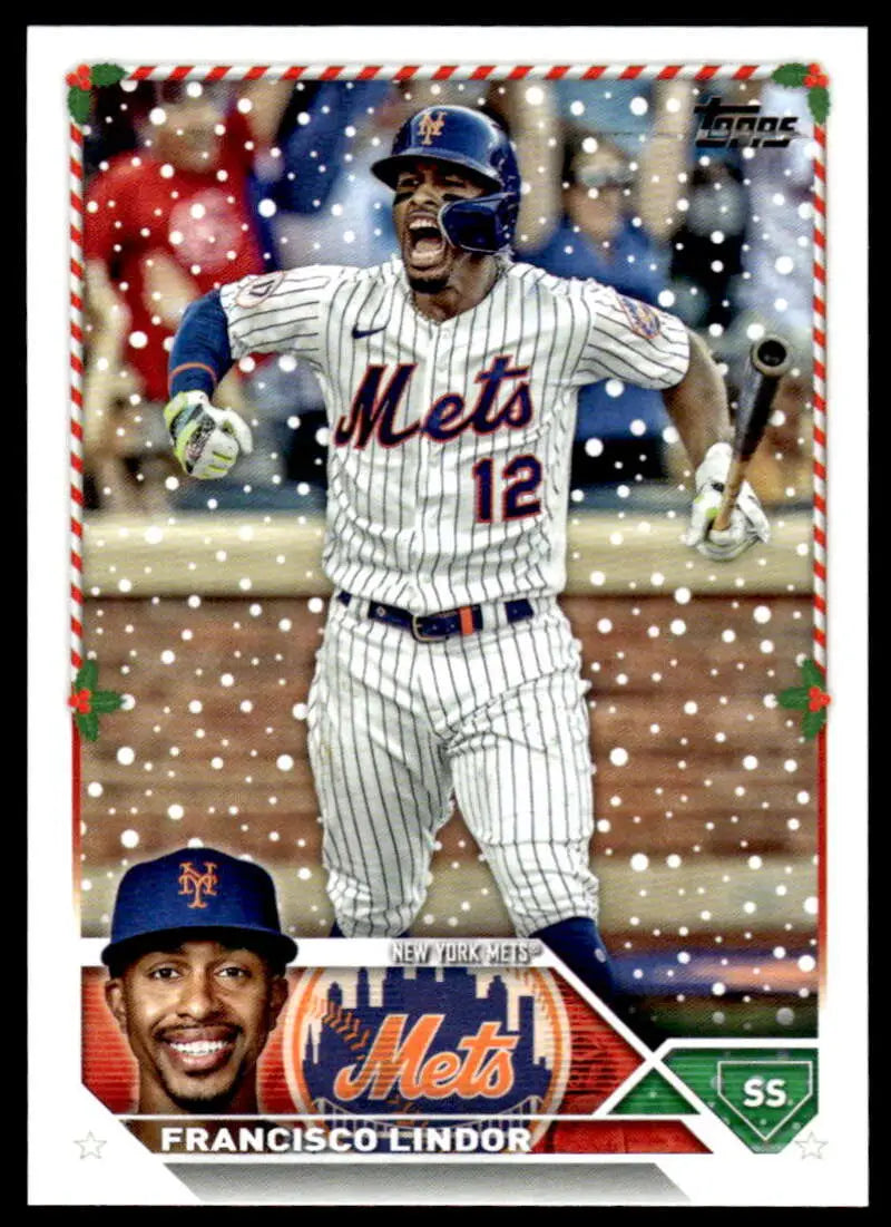 Baseball card of Francisco Lindor celebrating in New York Mets pinstripe uniform