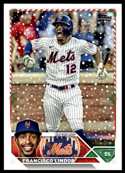 Baseball card of Francisco Lindor celebrating in New York Mets pinstripe uniform