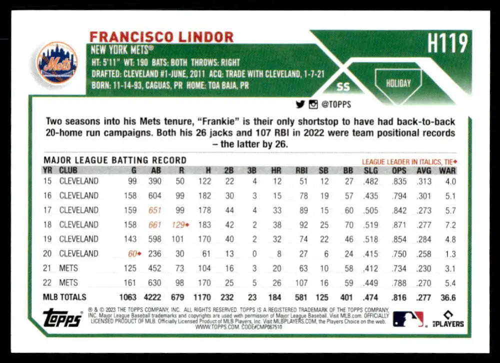 Baseball card featuring Francisco Lindor’s batting statistics with the New York Mets