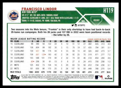 Baseball card featuring Francisco Lindor’s batting statistics with the New York Mets