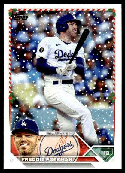 2023 Topps Holiday H134 Freddie Freeman baseball card with snowy effect, Dodgers at bat
