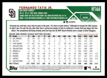 Baseball card featuring Fernando Tatis stats for the San Diego Padres 2023 season
