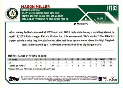 Baseball card of Mason Miller with Oakland Athletics minor league stats and info