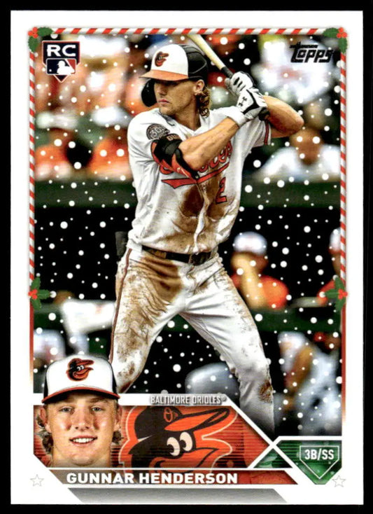 Gunnar Henderson Baltimore Orioles baseball card in snowy game action at bat