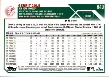 Gerrit Cole New York Yankees Baseball Card with MLB pitching statistics and career record