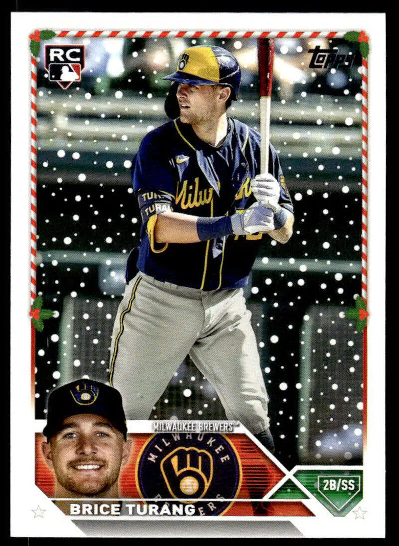 Brice Turang batting in snow on 2023 Topps Holiday Baseball Card for Milwaukee Brewers