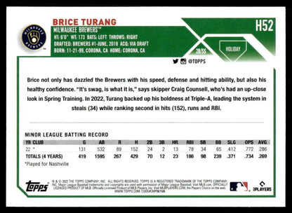 Brice Turang 2023 Topps Holiday baseball card with minor league stats and player info