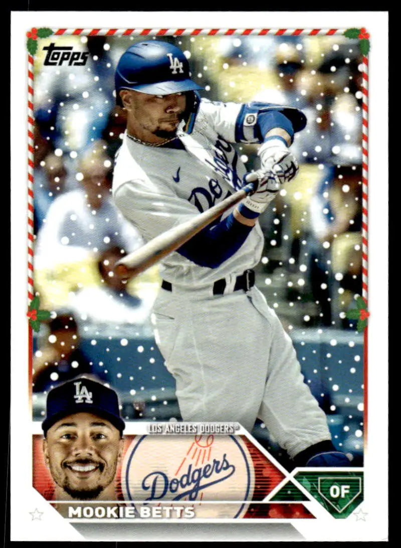 Mookie Betts batting in a white uniform on 2023 Topps Holiday Los Angeles Dodgers card