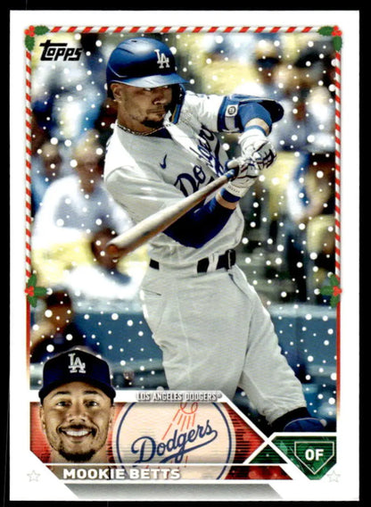 Mookie Betts batting in a white uniform on 2023 Topps Holiday Los Angeles Dodgers card