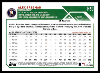 Baseball card featuring Alex Bregman’s MLB batting statistics for Houston Astros