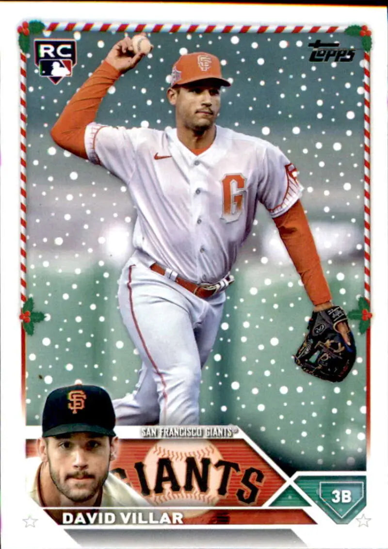 Cleveland Guardians player in white uniform on Topps Holiday baseball card during snowfall