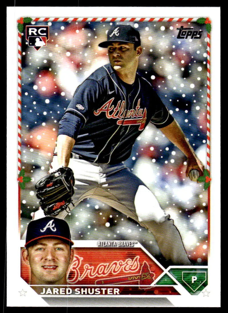 Jared Shuster 2023 Topps Holiday Baseball Card featuring Atlanta Braves pitcher in navy uniform
