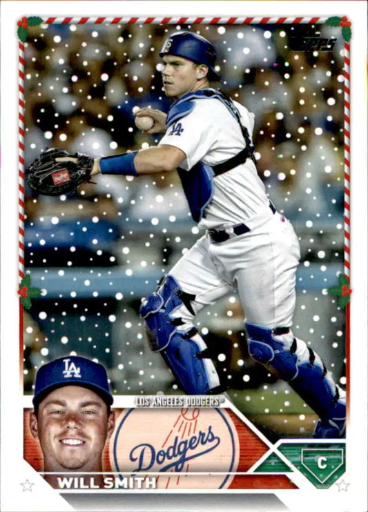 Baseball card of Los Angeles Dodgers catcher Will Smith in a snowy game, Topps Holiday