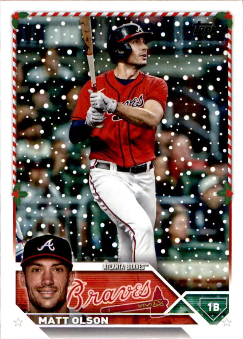Matt Olson Atlanta Braves baseball card in red and white 2023 Topps Holiday design