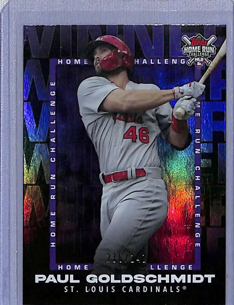 Baseball card of Paul Goldschmidt swinging a bat, Home Run Challenge winner, gray uniform