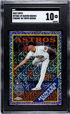 Graded 2023 Topps Chrome Hunter Brown baseball card with geometric background display