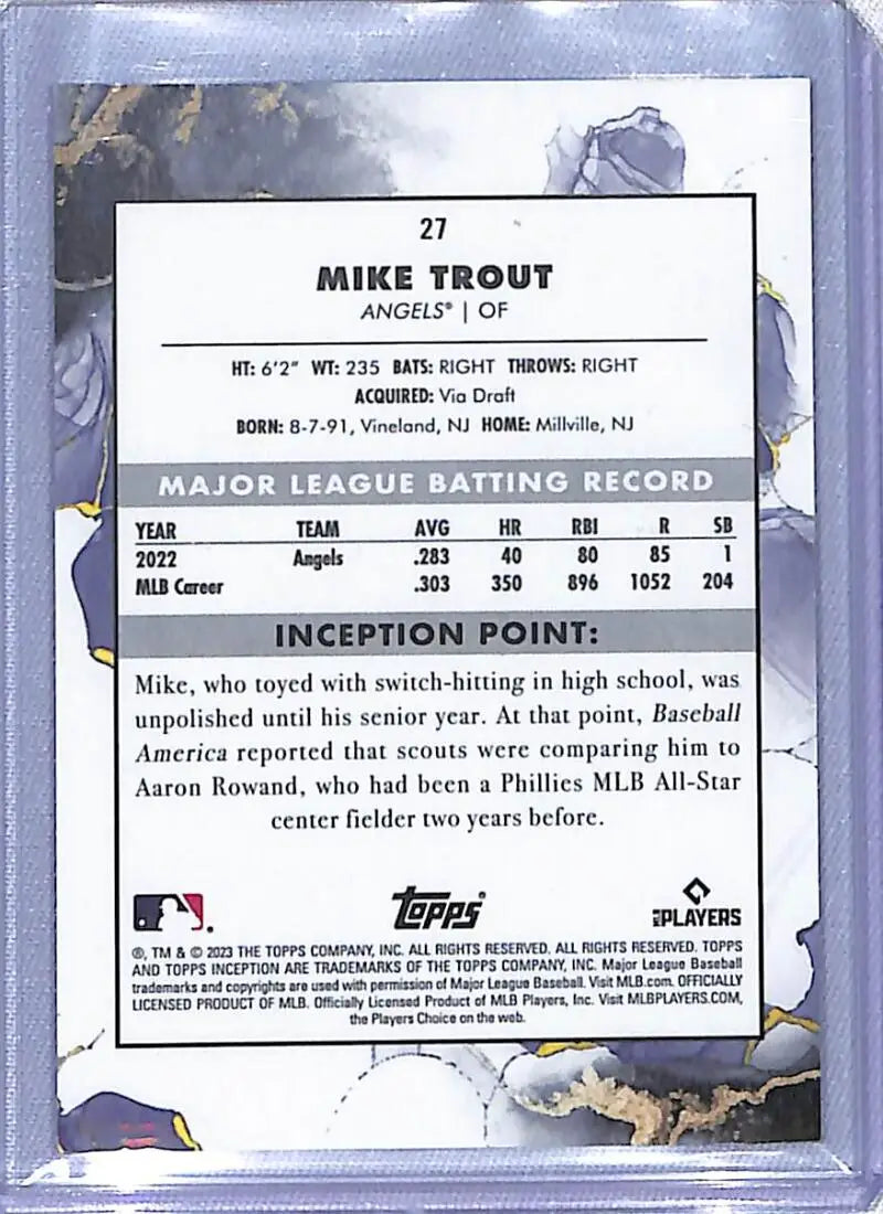 Baseball card featuring Mike Trout stats for Los Angeles Angels 2023 Topps Inception