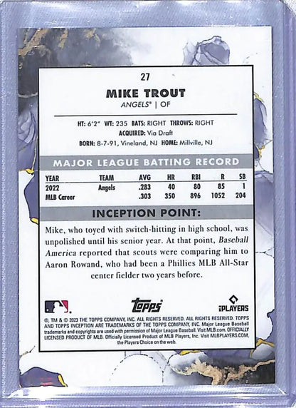 Baseball card featuring Mike Trout stats for Los Angeles Angels 2023 Topps Inception
