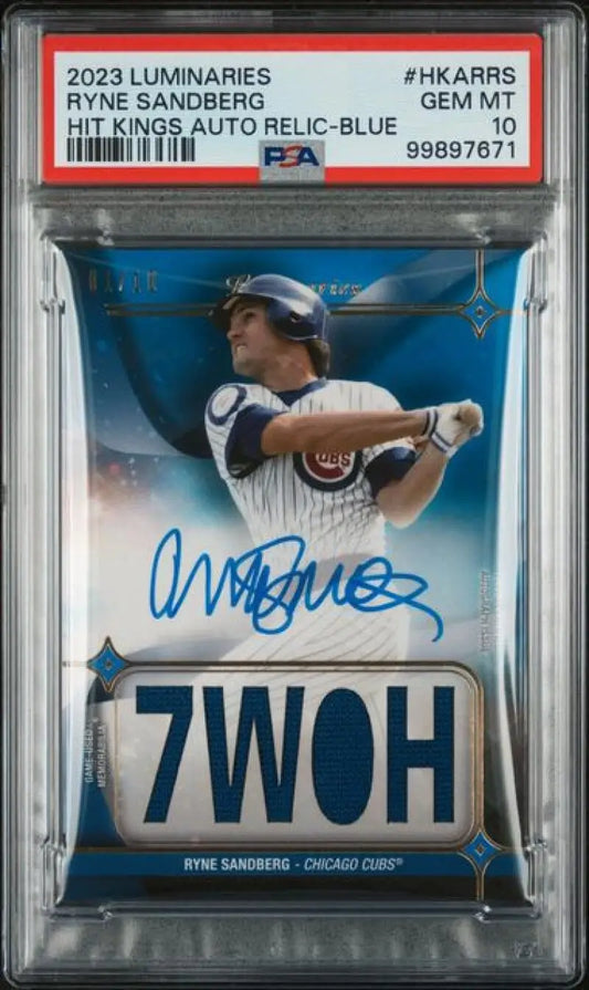 2023 Topps Luminaries Blue #HKARRS Ryne Sandberg PSA 10 GEM MINT MEM Auto 1/10 Chicago Cubs Baseball Card