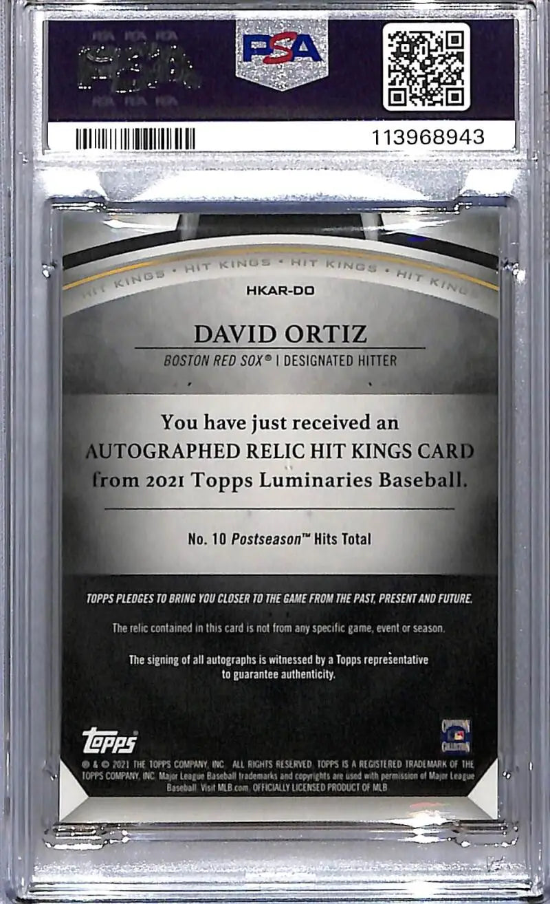 David Ortiz autographed relic baseball card from 2023 Topps Luminaries Hit Kings Blue series