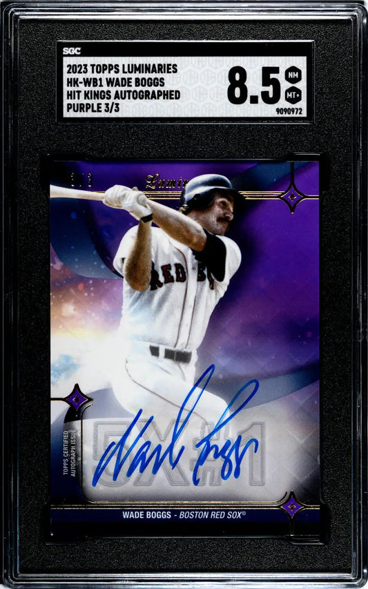 Graded 8.5 Wade Boggs autograph baseball card with purple star design for Boston Red Sox