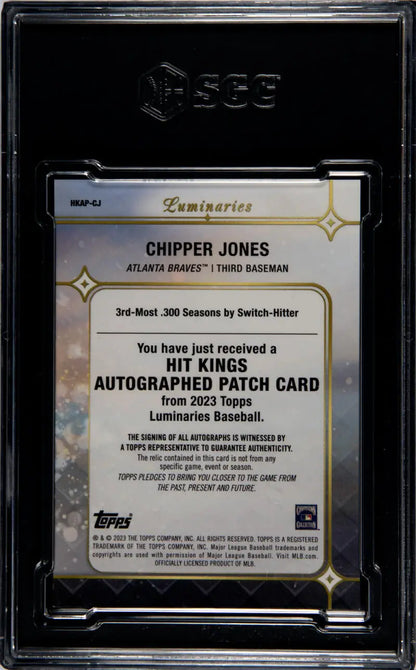 Chipper Jones autographed patch baseball card in protective case Atlanta Braves 2023 Topps