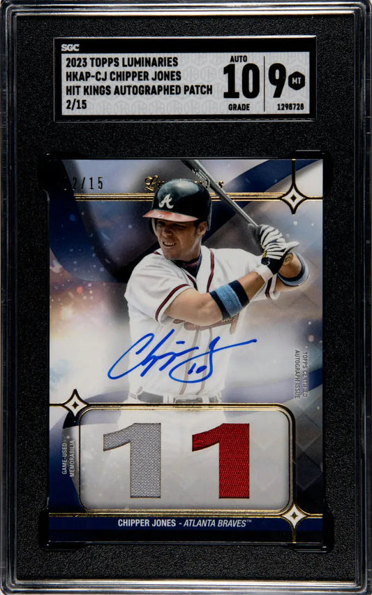 Baseball card of Chipper Jones with autograph and jersey number 11 patch for Atlanta Braves