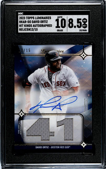Graded Boston Red Sox baseball card of David Ortiz with jersey number 41 and autograph