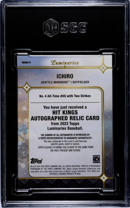 Back side of 2023 Topps Luminaries Ichiro Suzuki baseball card in protective case
