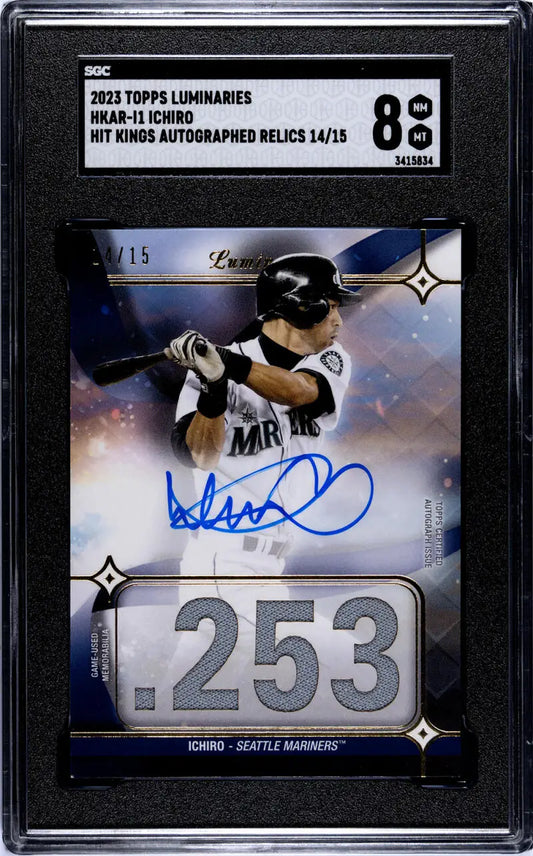 Graded Ichiro Suzuki baseball card with autograph in dark frame from Topps Luminaries