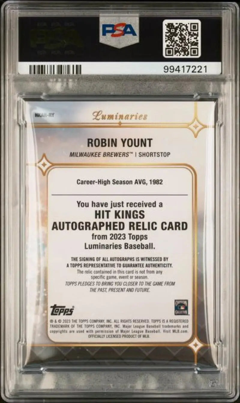 PSA-graded baseball card showcasing back of Robin Yount Hit Kings autographed relic