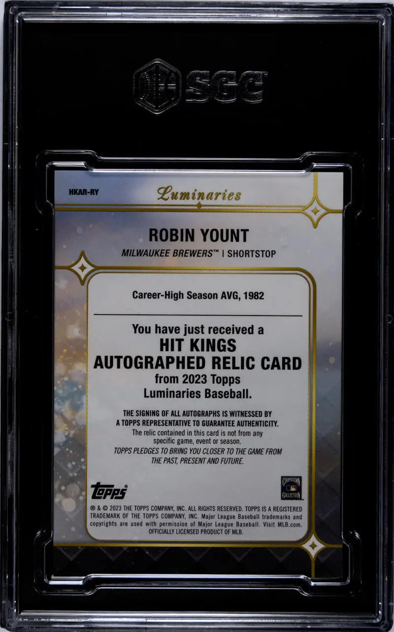 Back of 2023 Topps Luminaries Robin Yount Milwaukee Brewers Baseball Card with certification details