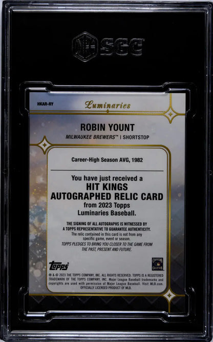 Back of 2023 Topps Luminaries Robin Yount Milwaukee Brewers Baseball Card with certification details