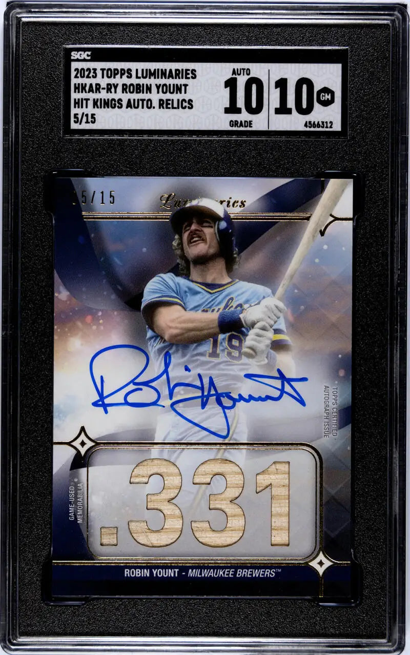 Graded baseball card of Robin Yount with autograph, metallic design for Milwaukee Brewers