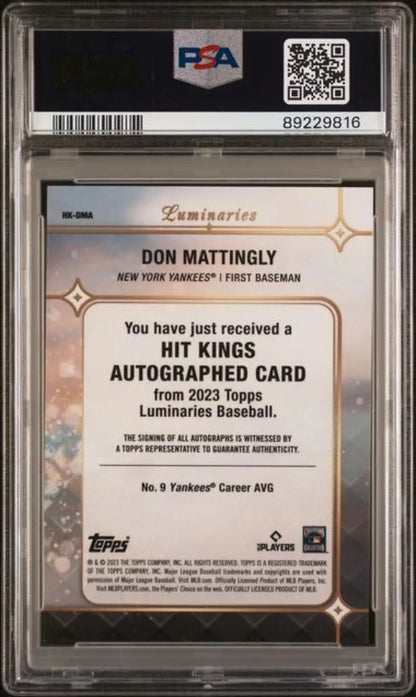 Back view of a PSA-graded Don Mattingly Hit Kings autograph baseball card for New York Yankees