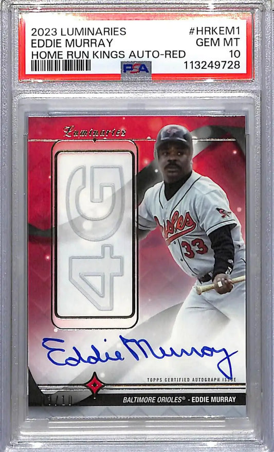 Graded Eddie Murray baseball card featuring home run memorabilia, PSA 10 GEM MINT