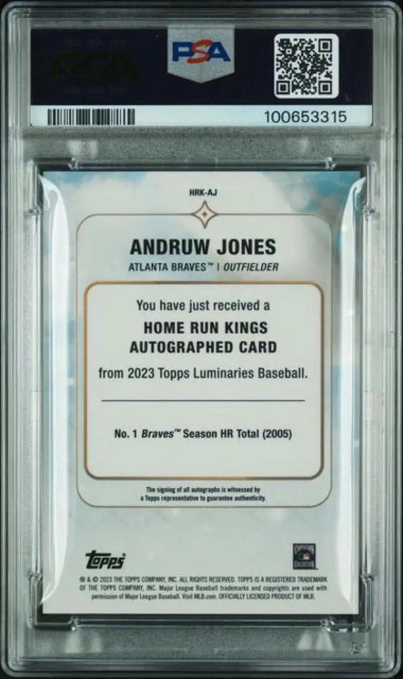 PSA-graded Andruw Jones Atlanta Braves baseball card with autograph from 2023 Topps Luminaries