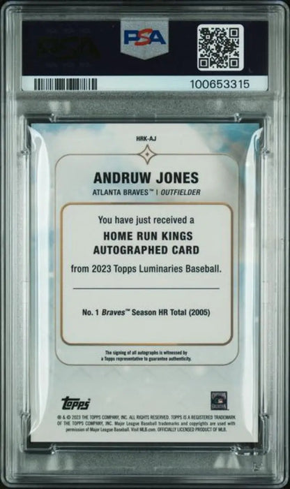 PSA-graded Andruw Jones Atlanta Braves baseball card with autograph from 2023 Topps Luminaries
