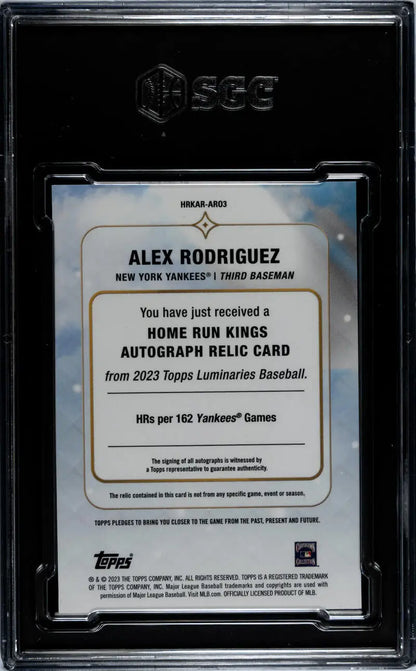 Back of 2023 Topps Luminaries Alex Rodriguez baseball card showing authentication details