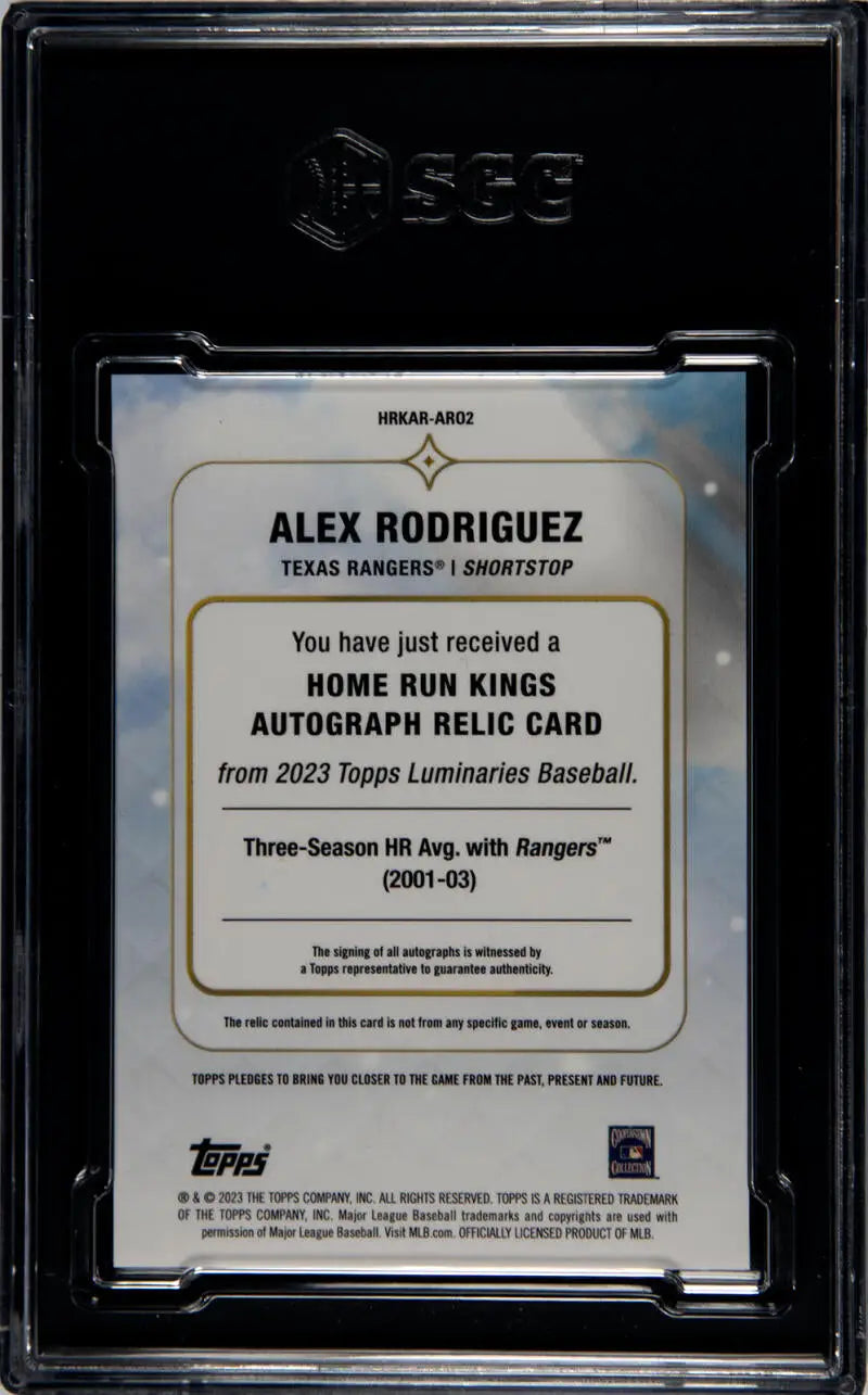 Alex Rodriguez SGC autographed relic card from 2023 Topps Luminaries series