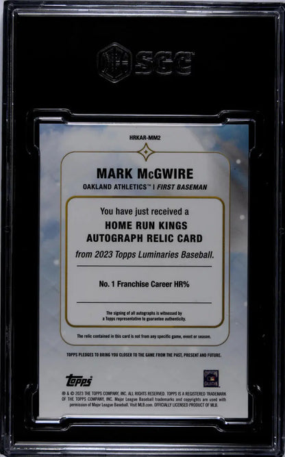 Black-bordered protective case with Mark McGwire Oakland Athletics baseball card 12/15