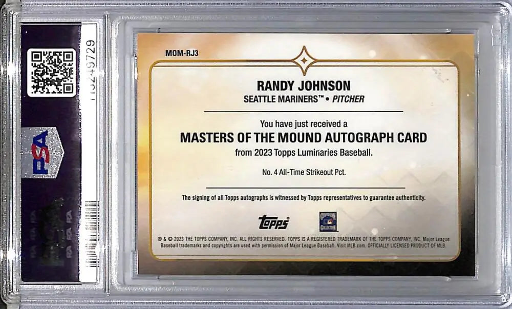Graded Randy Johnson baseball card from 2023 Topps Luminaries Masters of the Mound