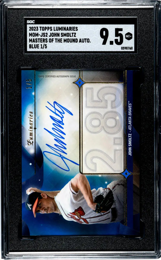 Graded John Smoltz SGC 9.5 Topps Luminaries baseball card with signature and jersey number