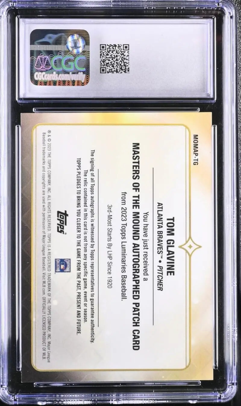Graded Tom Glavine Atlanta Braves baseball card in protective case with QR code