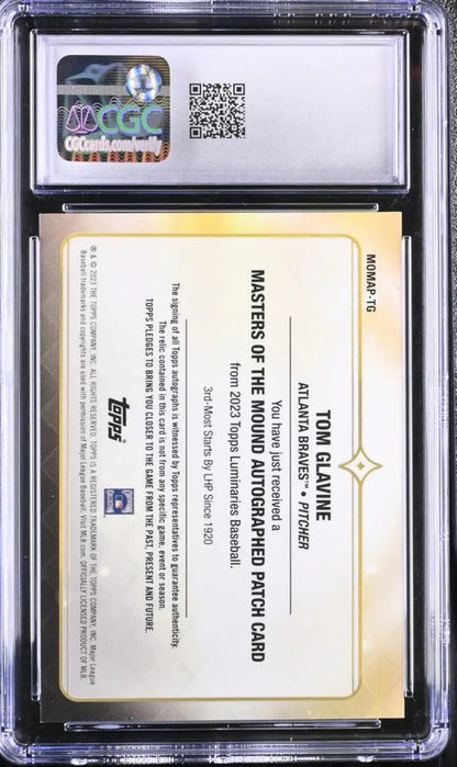 Graded Tom Glavine Atlanta Braves baseball card in protective case with QR code