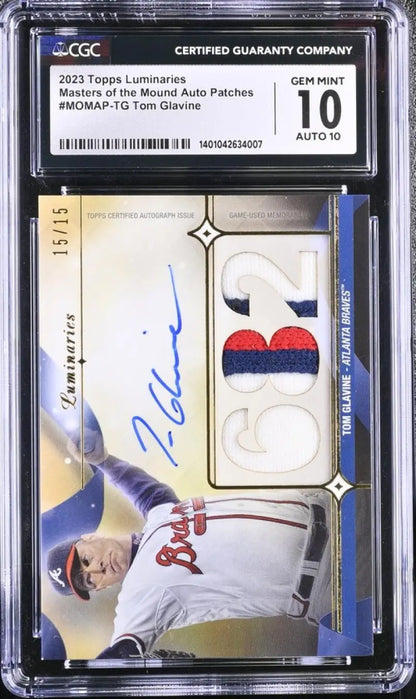 Graded Tom Glavine Atlanta Braves baseball card with autograph and jersey patch in case