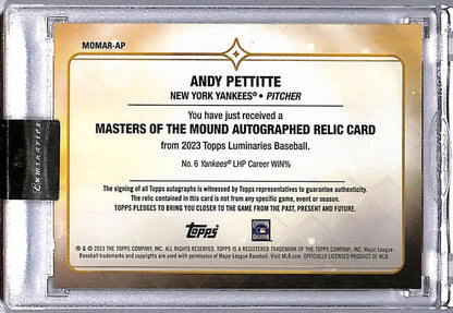 Back of 2023 Topps Luminaries Andy Pettitte card with authentication info for Yankees