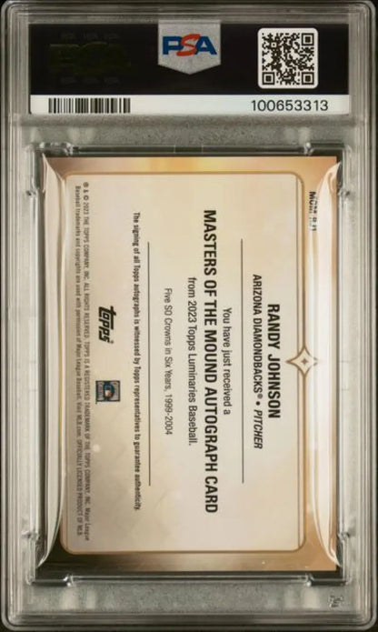 PSA-graded Randy Johnson 2023 Topps Luminaries Red Auto in protective holder with QR code