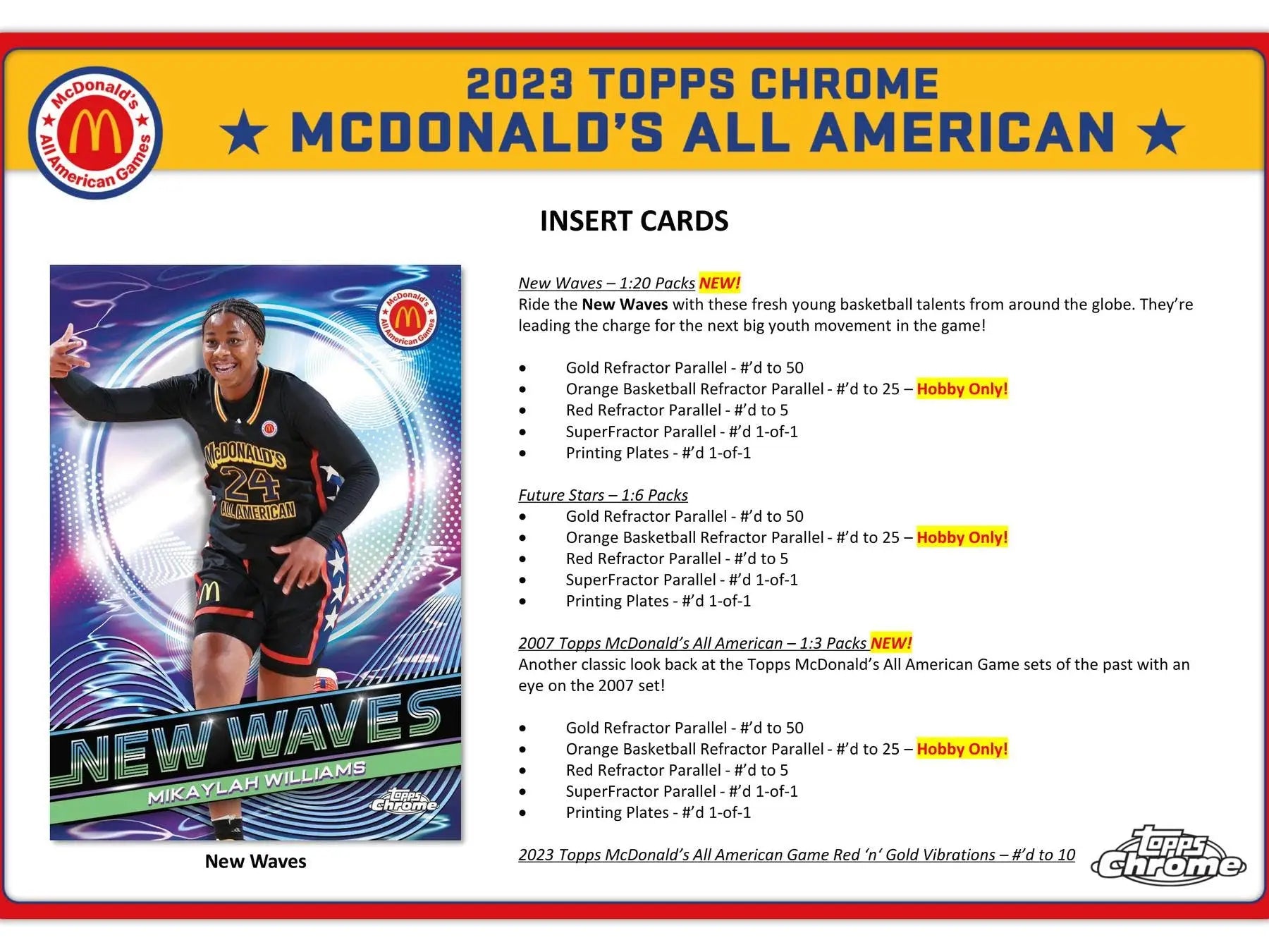 Basketball trading card featuring red refractor parallel from 2023 Topps McDonald’s All American Chrome collection